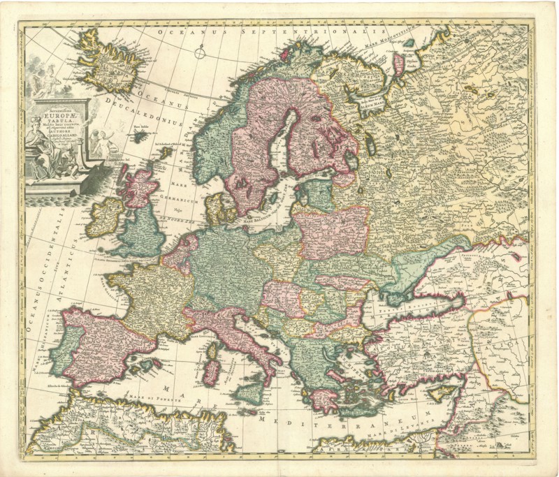 Map, Accuratissima Europae tabula multis locis correcta, et nuperrime edita authore Carolo Allard Ph. Tideman del. G. v. Gouwen sc, Carel Allard (1648-1709), Philip Tiedeman (1657-1705), Gilliam van der Gouwen, Copperplate print