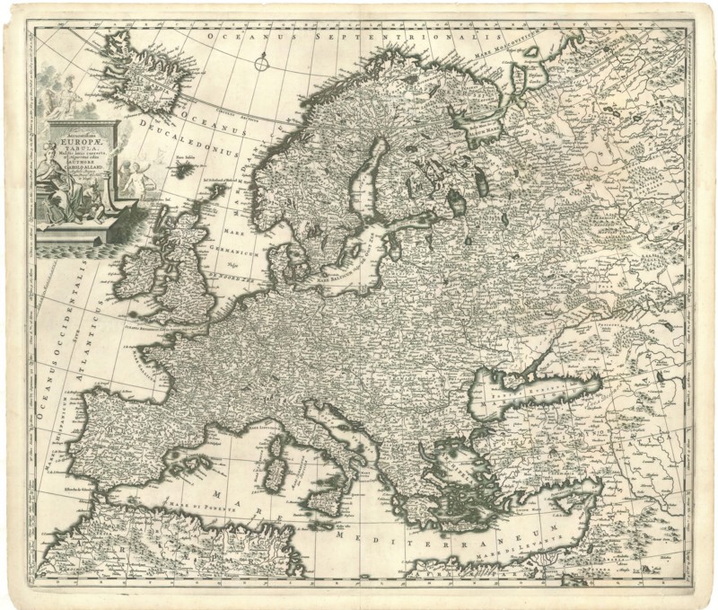 Map, Accuratissima Europae tabula multis locis correcta, et nuperrime edita authore Carolo Allard Ph. Tideman del. G. v. Gouwen sc, Carel Allard (1648-1709), Philip Tiedeman (1657-1705), Gilliam van der Gouwen, Copperplate print