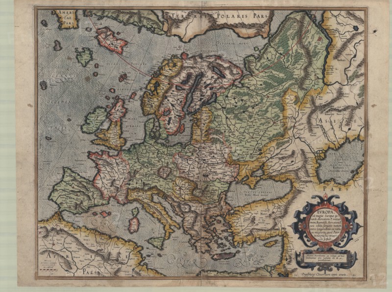 Map, vropa, ad magnæ Europæ Gerardi Mercatoris P. imitationem, Rumoldi Mercatoris F. cura edita, servato tamen initio longitudinis ex ratione magnetis, quod Pater in magna sua universali posuit, Gerard Mercator (1512-1594), Rumold Mercator (c.1545-1599), Copperplate print