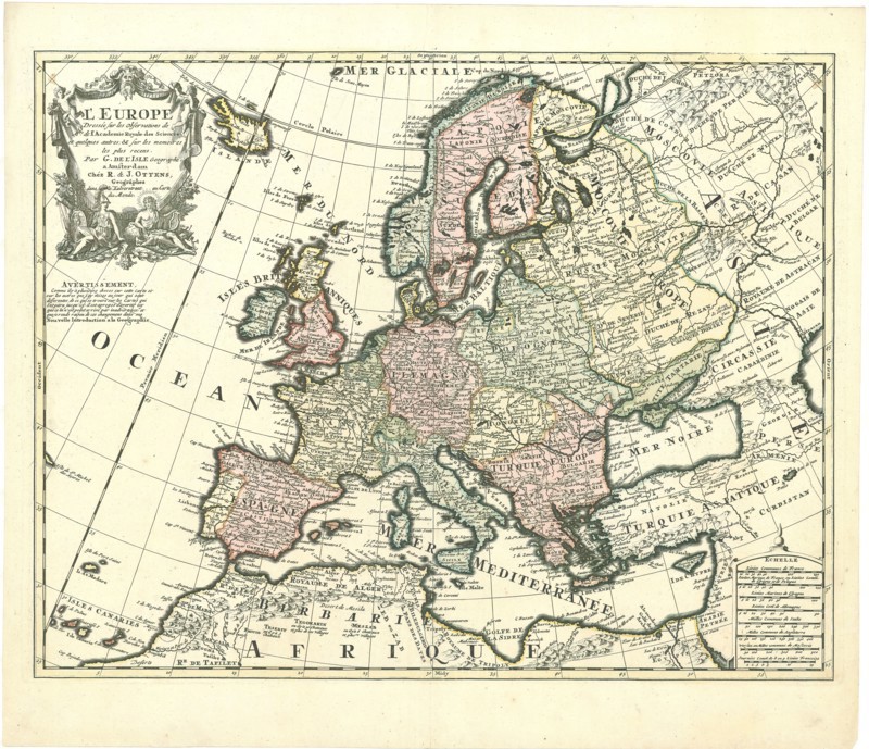 Map, L’Europe dressée sur les observations de Mrs. de l’Academie Royale des Sciences et quelques autres; & sur les memoires les plus recens par G. de L’Isle, Guillaume Delisle (1675-1726), Copperplate print
