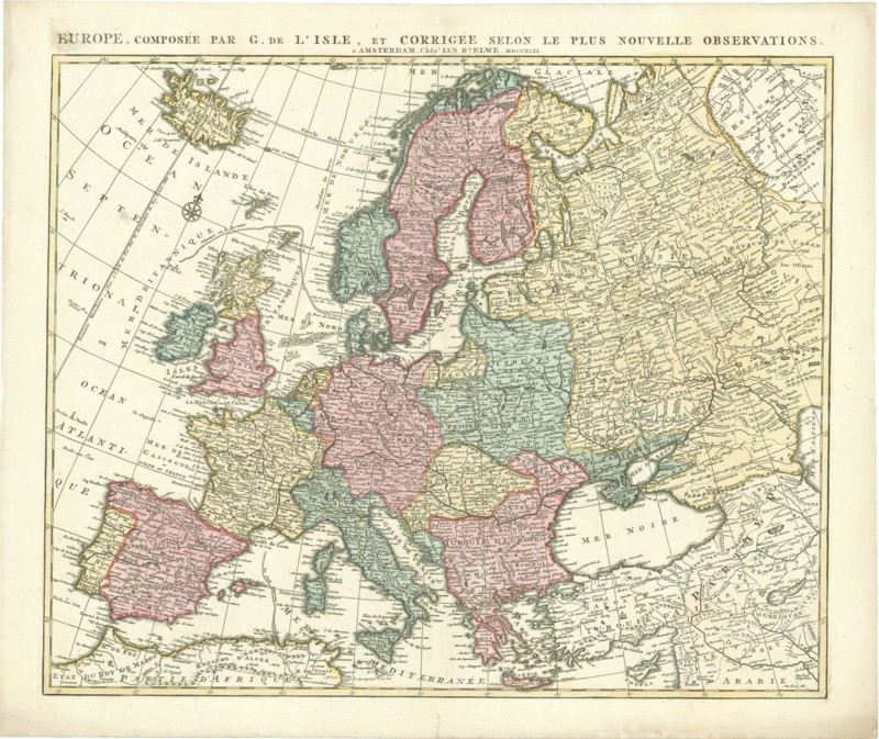 Map, Europe, composée par G. de L’Isle, et corrigée selon le plus nouvelle observations, Guillaume Delisle (1675-1726), Copperplate print