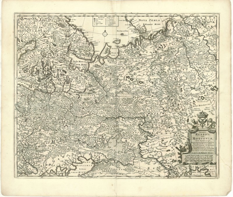 Map, Imperii Russici, sive Moscoviæ status generalis in ejus regna, ducatus, provincias populosque subjacentes divisus et ex tabula spectat.mi domini N. Witsen ... pro maiori parte excerptus per F. de Witt Amst, Frederick de Wit (1630-1706), Nicolaes Witsen (1641-1717), Copperplate print