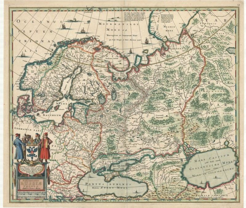 Map, Moscoviæ seu Russiæ magnæ generalis tabula quâ Lapponia, Norvegia, Suecia, Dania, Polonia, maximæq partes Germaniæ, Tartariæ, Turcici Imperii, aliæq regeiones adjacentes simul ostendutur, de novo correcta et edita per Nicolavm Visscher, Nicolaes Jansz Visscher (1618-1679), Copperplate print