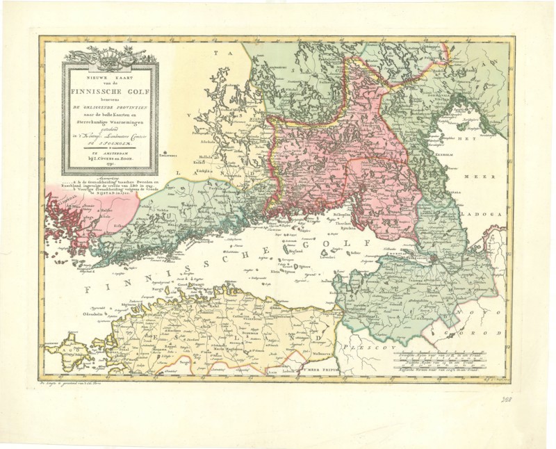 Map, Nieuwe kaart van de Finnische golf benevens de omliggende provintien naar de beste kaarten en sterrekundige waarnemingen geteekend in ’t Koningl: Landmeters Comtoir te Stockholm C. v. Baarsel, sculp, 1791, Cornelis van Baarsel (1761-1826), Copperplate print