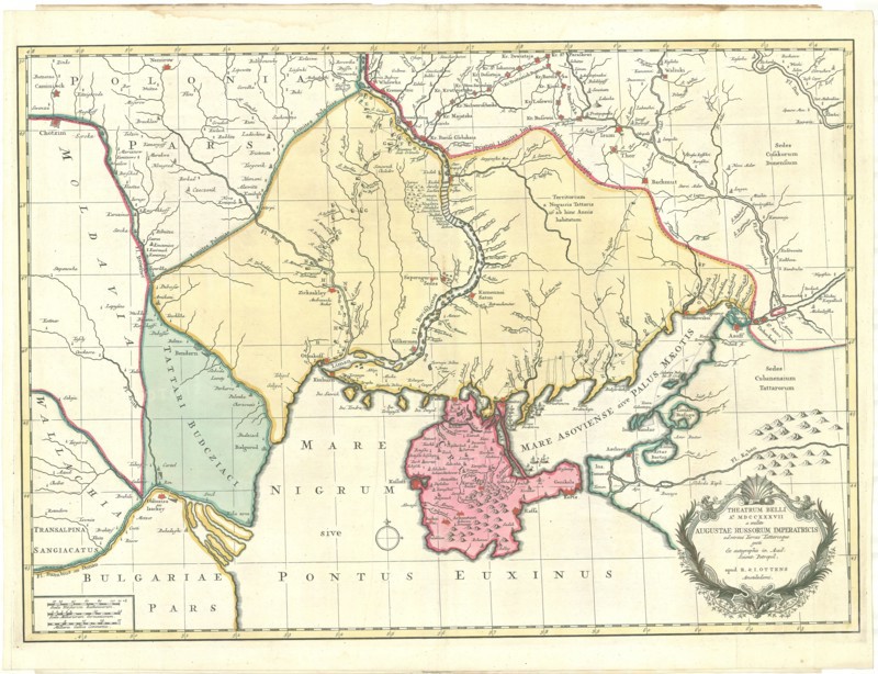 Map, Theatrum belli A° MDCCXXXVII a milite augustae Russorum imperatricis adversus Turcas Tattarosque gesti ex autographis in Acad. Scient. Petropol, Copperplate print