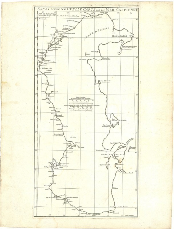 Map, Essai d’une nouvelle carte de la Mer Caspienne par le Sr. d’Anville par Guill. De-la-Haye, Jean-Baptiste Bourguignon d’Anville (1697-1782), Guill.’De-la-Haye (1727-1802), Copperplate print