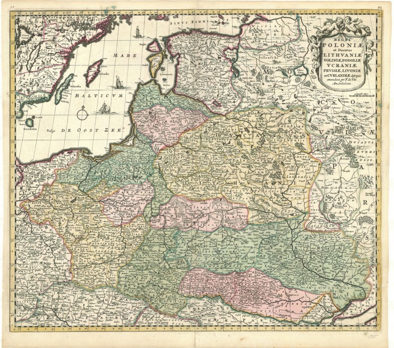 Map, Regni Poloniae et ducatus Lithvaniae Voliniae, Podoliae Vcraniae Prvssiae, Livoniae et Cvrlandiae, Frederick de Wit (1610-1698), Copperplate print