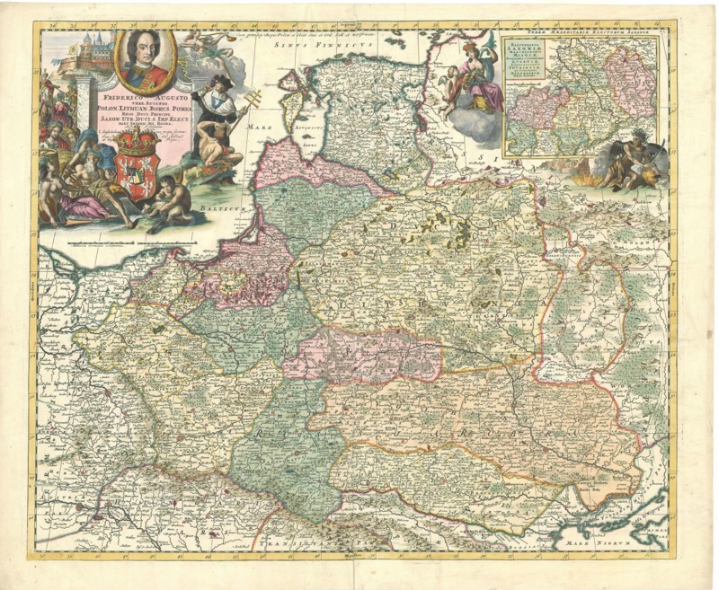 Map, Friderico Augusto vere augusto Polon. Lithuan. Borus. Pomer regi. duci. principi. Saxon. Utr. duci. S. Imp. Elect. Haec Imperii sui regna, Petrus Schenk (1693-1775), Copperplate print