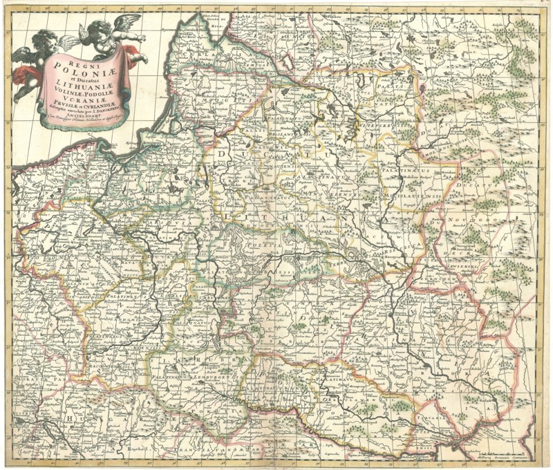 Map, Regni Poloniæ et ducatus Lithuaniæ Voliniæ, Podoliæ Vcraniæ Prvssiæ et Cvrlaniæ, Justus Danckertsz (1635-1701), Copperplate print