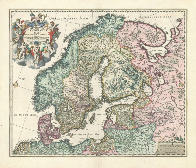 Map, Exactissima totius Scandinaviæ tabula, qua tam Sueciæ, Daniæ, et Norvegiæ regna, in subjacentes eorum ditiones divisa, quam aliæ regiones adjacates:, Nicolaes Jansz Visscher (1618-1679), Copperplate print