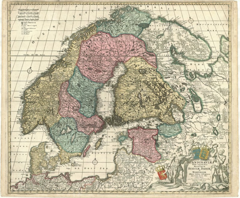 Map, Novissima nec non perfectissima Scandinaviæ tabula comprehendens regnorum Sueciæ, Daniæ et Norvegiæ distincté divisam descriptionem, Frederick de Wit (1610-1698), Copperplate print