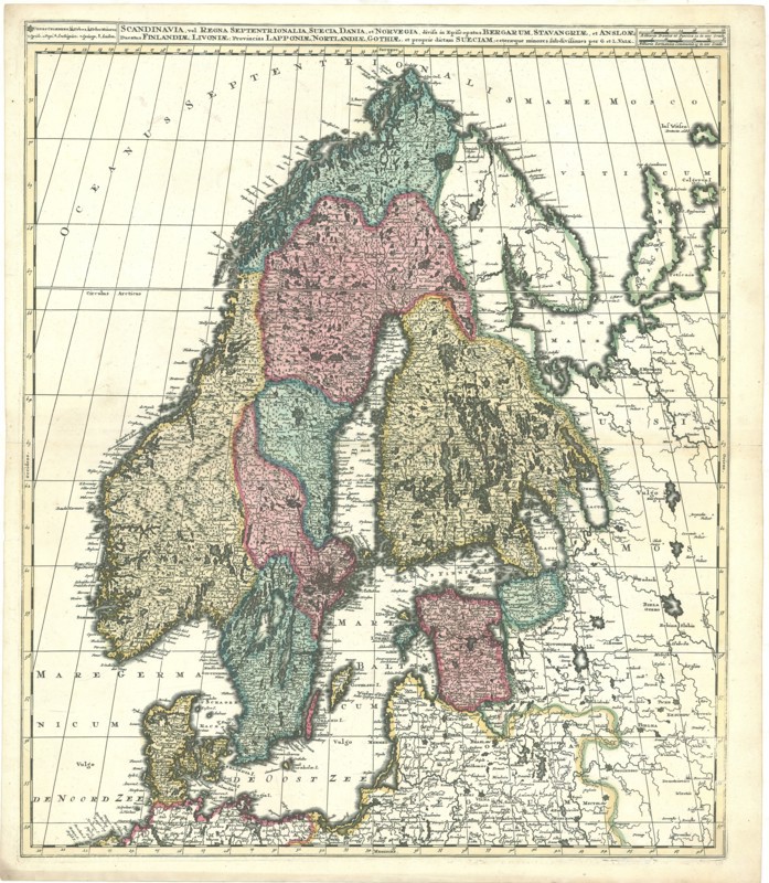 Map, Scandinavia, vel regna septentrionalia, Suecia, Dania, et Norvegia, Leonard Valk (1675-1755), Copperplate print