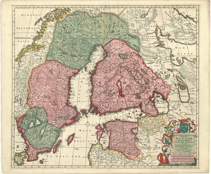 Map, Regni Sueciae tabula generalis, divisa in Sueciae, Gotiaeque regna Finniae ducatum Lapponiam, Livoniam Ingriamque et in omnes subiacentes provincias, Frederick de Wit (1610-1698), Copperplate print