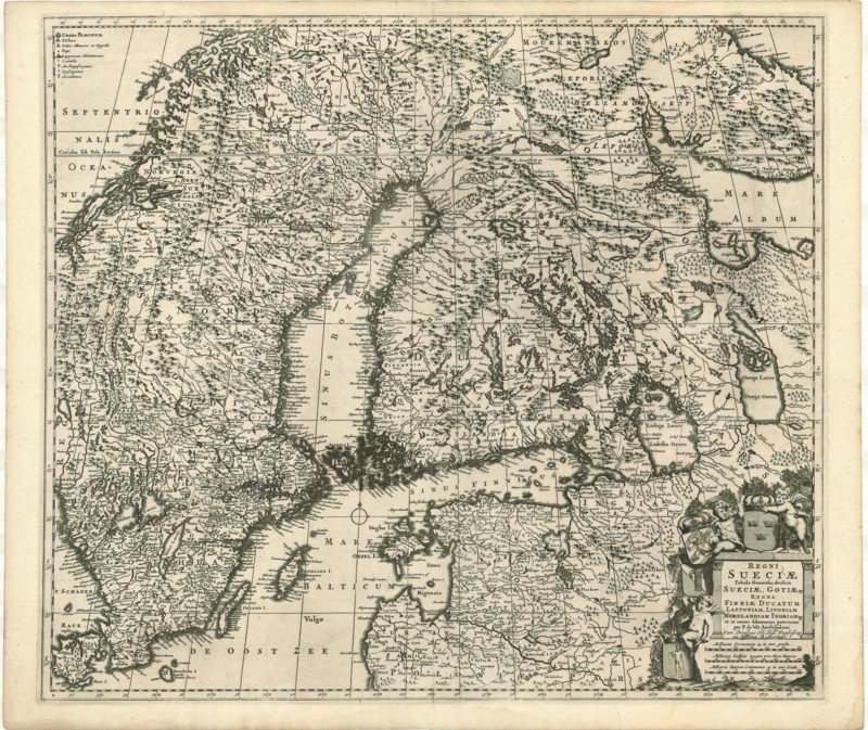 Map, Regni Sueciae tabula generalis, divisa in Sueciae, Gotiaeque regna Finniae ducatum Lapponiam, Livoniam Ingriamque et in omnes subiacentes provincias, Frederick de Wit (1610-1698), Copperplate print
