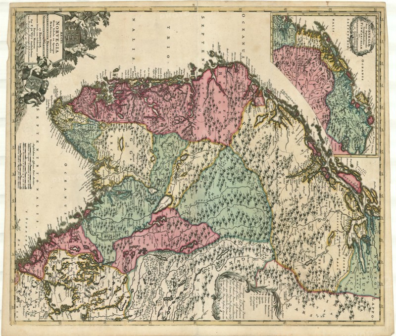 Map, Regni Norvegia nova tabula in quinque praefecturas generalis Aggerhusiensem, Bergensem, Nidrosiensem, Warhusiae et Bahusiae accurate divisa cum subdivisiones in partes minores, Frederick de Wit (1610-1698), Copperplate print