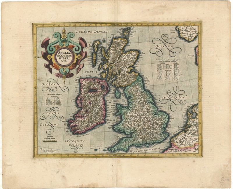 Map, Anglia, Scotia et Hibernia, Gerard Mercator (1512-1594), Copperplate print