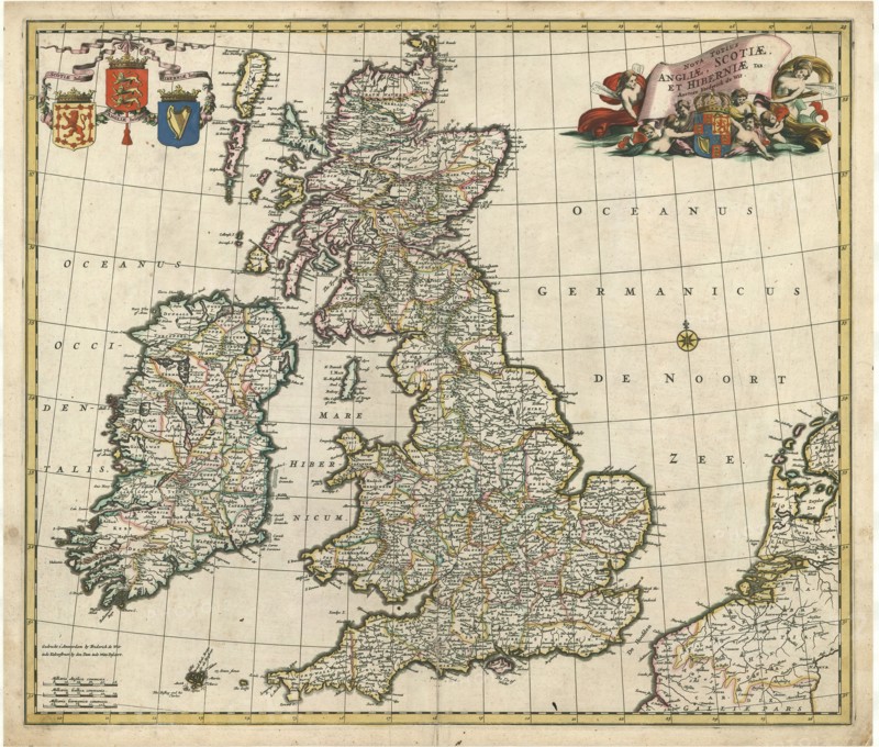 Map, Nova totius Angliae, Scotiae, et Hiberniae tab:, Frederick de Wit (1610-1698), Copperplate print