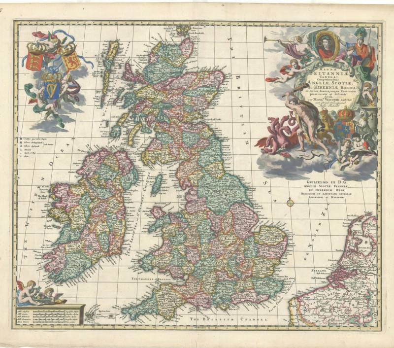 Map, Magnae Britanniae tabula; comprehendens Angliae, Scotiae, ac Hiberniae regna, in omnes suascujusque provincias peraccuraté et distincté divisa, Nicolaes Jansz. Visscher (1618-1679), Copperplate print