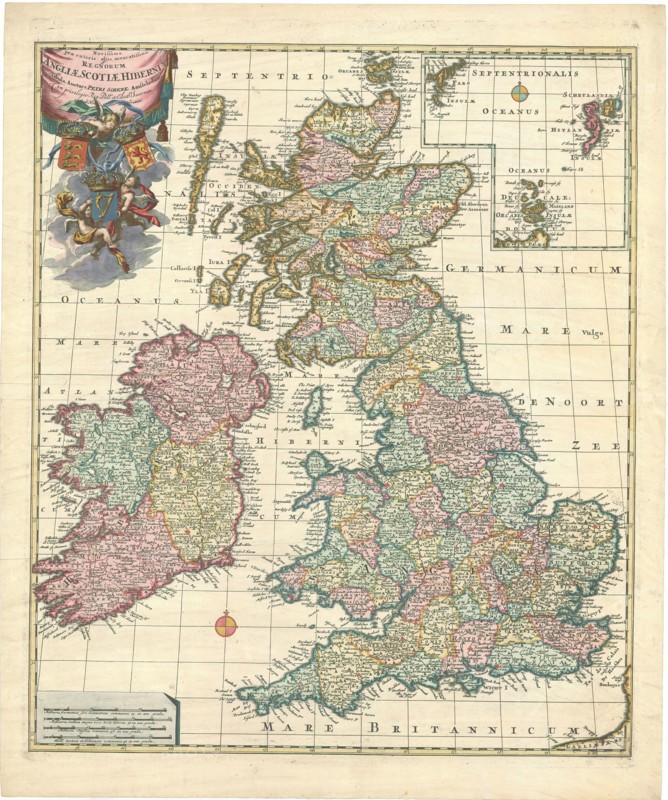 Map, Novissima præ cæteris aliis accuratissima regnorum Angliæ, Scotiæ, Hiberniæ, Petrus Schenk (1693-1775), Copperplate print