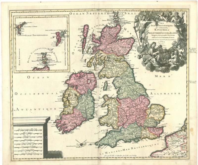 Map, Les isles britanniques, qui contiennent les royaumes d'Angleterre, Escosse et Irlande, distinguiés en leurs principales provinces, subdivisées en leurs shireries et comtés, Gerhard Valk (-1726), Copperplate print