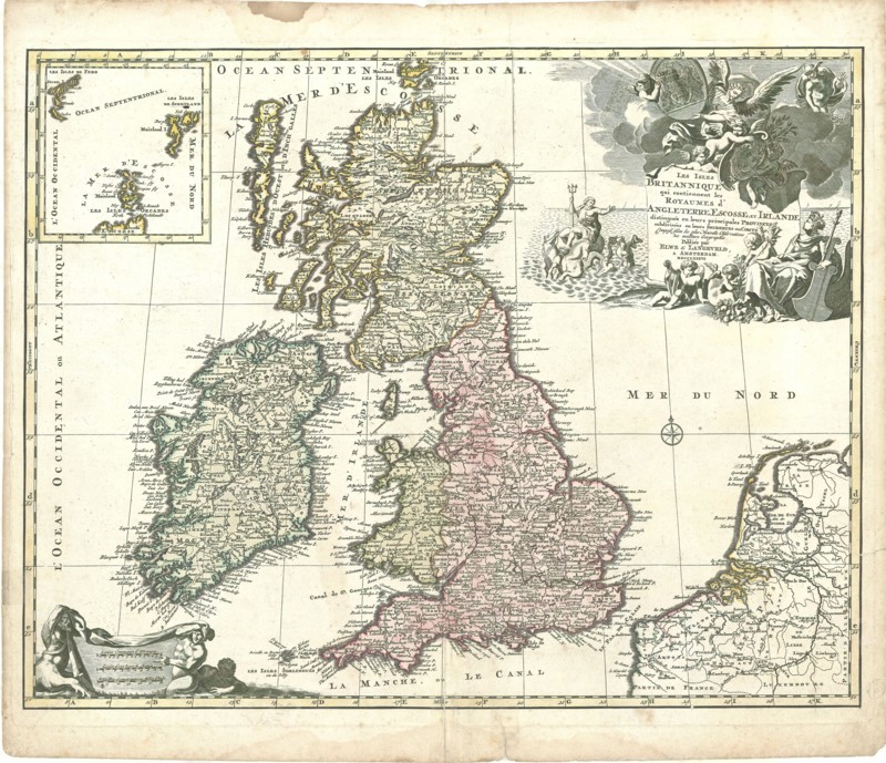 Map, Les isles Britanniques qui contiennent les royaumes d'Angleterre, Escosse, et Irlande, distingués en leurs principales provinces subdivisées en leurs shireries ou comtés, Copperplate print