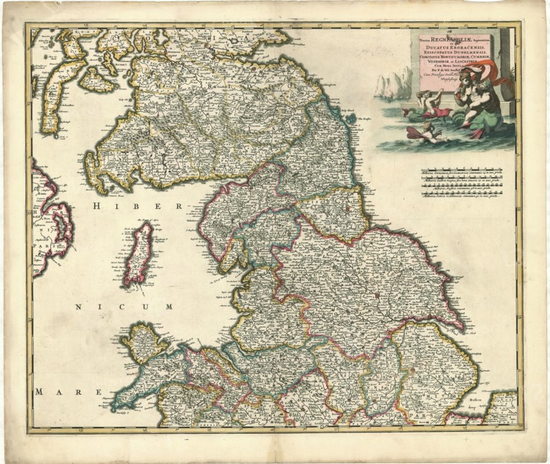 Map, Tractus regni Angliae septentrion. in quo ducatus Eboracensis, episcopatus Dunelmensis, comitatus Northumbriae, Cumbriae, Westmoriae, et Lancastriae cum Mona insula, Frederick de Wit (1610-1698), Copperplate print