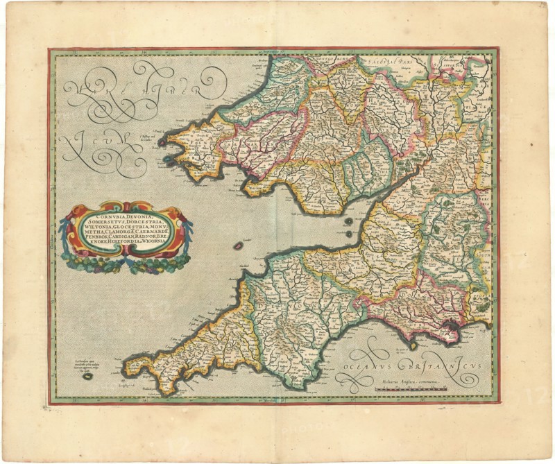 Map, Cornvbia, Devonia, Somersetvs, Dorcestria, Wiltonia, Glocestria, Monvmetha, Clamorga, Caermarde, Penbrok, Cardigan, Radnor, Breknoke, Herefordia et Wigornia, Copperplate print