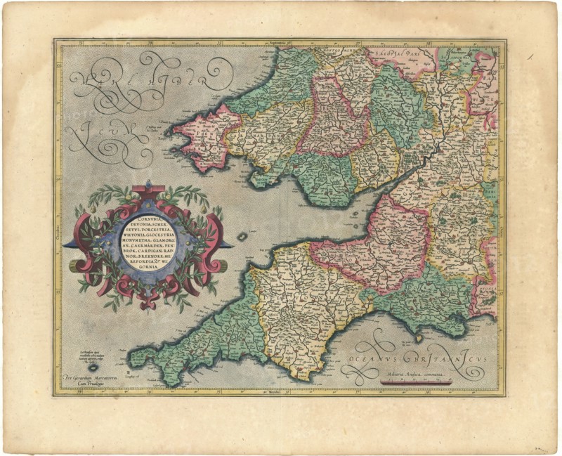 Map, Cornvbia, Devonia, Somersetvs, Dorcestria, Wiltonia, Glocestria, Monvmetha, Clamorga, Caermarde, Penbrok, Cardigan, Radnor, Breknoke, Herefordia et Wigornia, Copperplate print