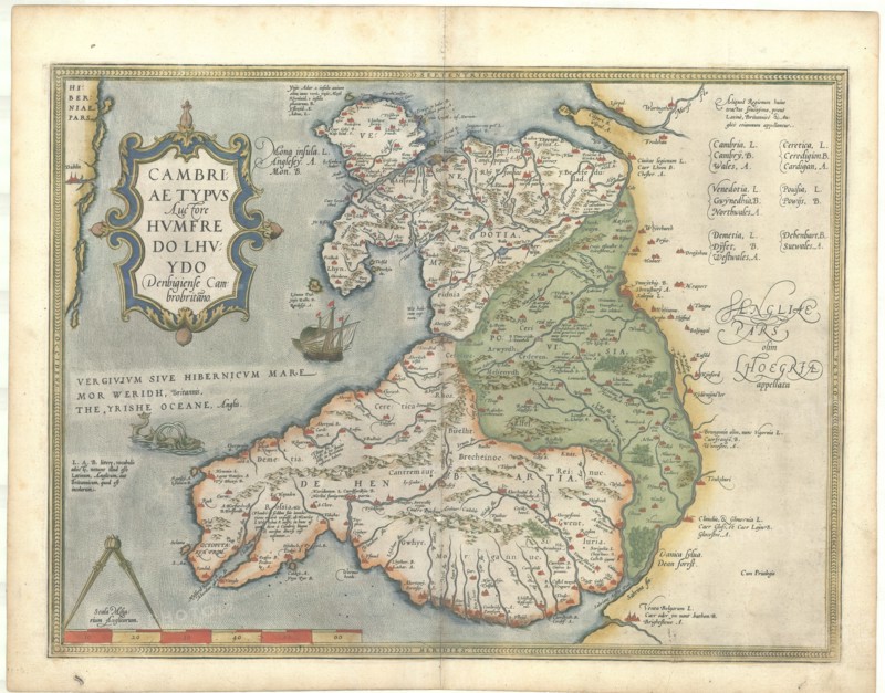 Map, Cambriae typvs, Humphrey Llwyd (1527-1568), Copperplate print