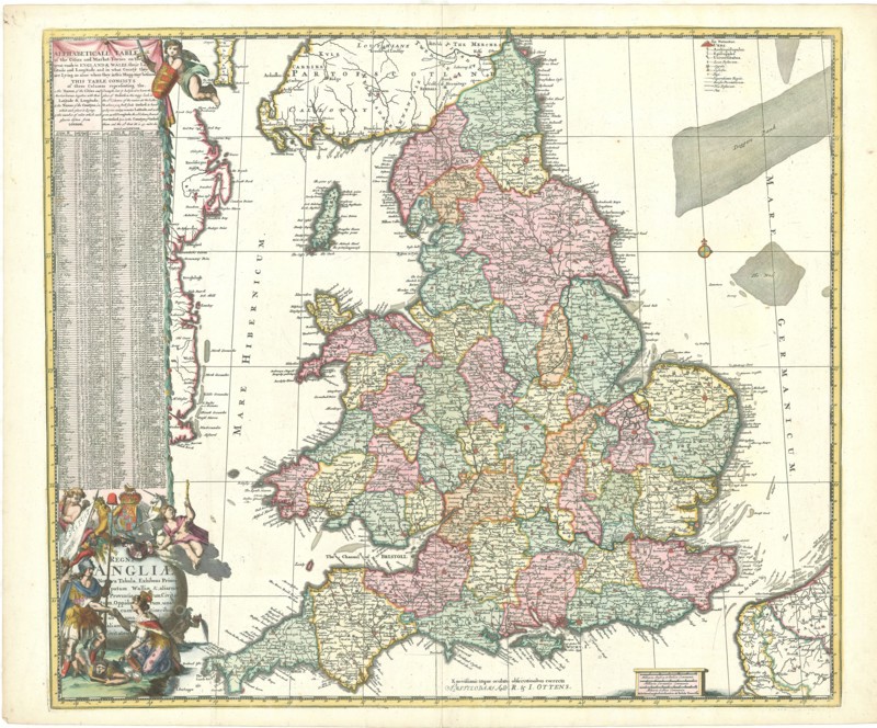 Map, Regni Angliae nova tabula, exhibens principatum Walliae &amp;, aliarum provinciarum, civitatum, oppidorum, una cum itineribus ab uno in aliam civitatem, Copperplate print