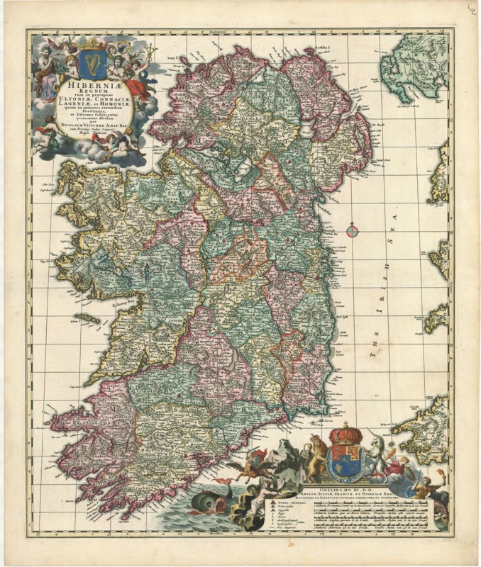 Map, Hiberniae regnum tam in praecipuas Ultoniae, Connaciae, Lageniae, et Momoniae, quam in minores earundem provincias et ditiones subjacentes peraccuraté divisum, Nicolaes Jansz. Visscher (1618-1679), Copperplate print
