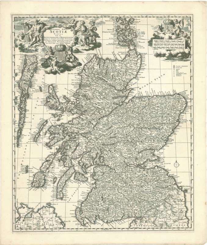 Map, Exactissima Regni Scotiae tabula tam in septentrionalem et meridionalem quam in minores earundem provincias, insulasque ei undique praetensas accurate divisa, Nicolaes Jansz. Visscher (1618-1679), Copperplate print