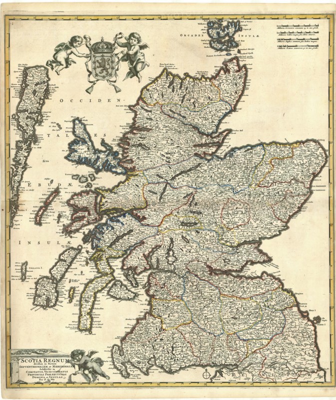 Map, Scotia regnum divisum in partem Septentrionelem et Meridionalem subdivisas in comitatus, vicecomitatus provincias praefecturas dominia et insulas, Frederick de Wit (1610-1698), Copperplate print