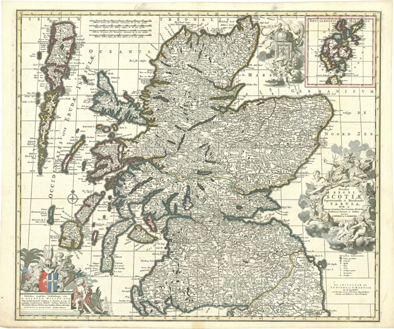 Map, Novissima Regni Scotiae Septentrionalis et Meridionalis tabula, divisae in ducatus, comitatus, vice-comitatus, provincias, praefecturas, dominia et insulas, Johannes Covens (1697-1774), Copperplate print
