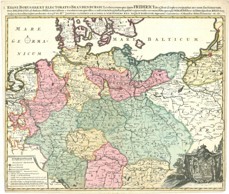 Map, Regni Borussiae et Electoratus Brandenburgici, ceterarumque, quae Friderici, reg. Bor. sceptro reguntur, nec non finitimarum prov. delineatio, Copperplate print