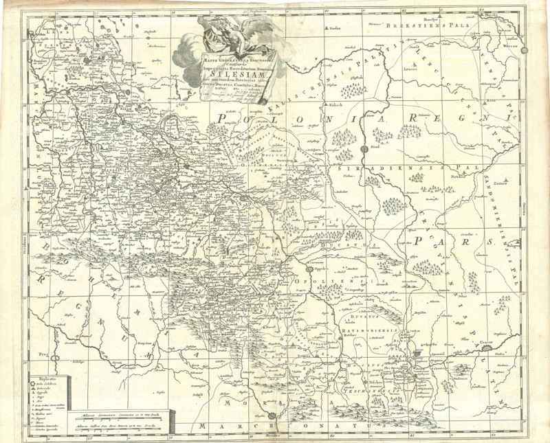 Map, Mappa geographica exactissima continens Imperatoris Hæreditarium Dominium Silesiam, nec non eiusdem Provincias interiores Ducatus, Comitatus, Baronatus etc., Petrus Schenk (1693-1775), Copperplate print