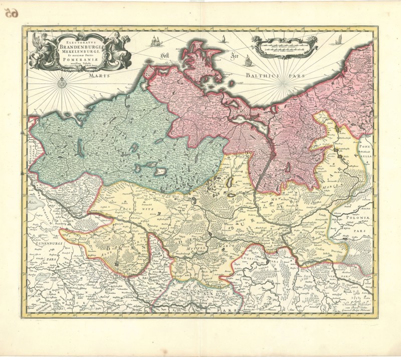 Map, Electoratvs Brandenburgi, Mekelenburgi, et maximæ partis Pomeraniæ novissima tabula, Copperplate print