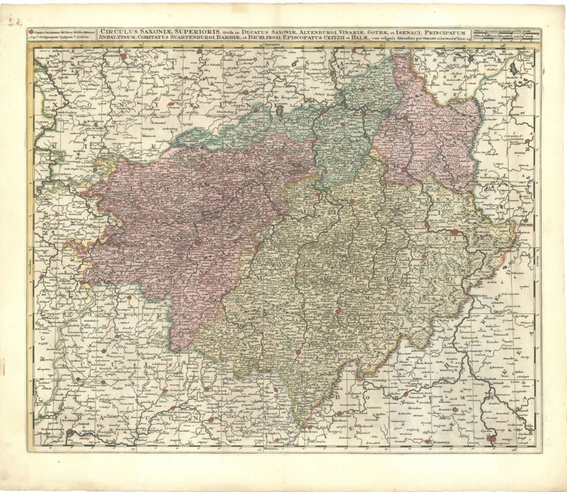 Map, Circulus Saxoniae Superioris, divisa in ducatus Saxoniae, Altenburgi, Vinariae, Gothae, et Isenaci: principatum Anhaltinum: comitatus Suartenburgi, Barbiae, et Bichlingii; episcopatus Ceitzii et Halae, cum reliquis ditionibus, Gerhard Valk (-1726), Copperplate print