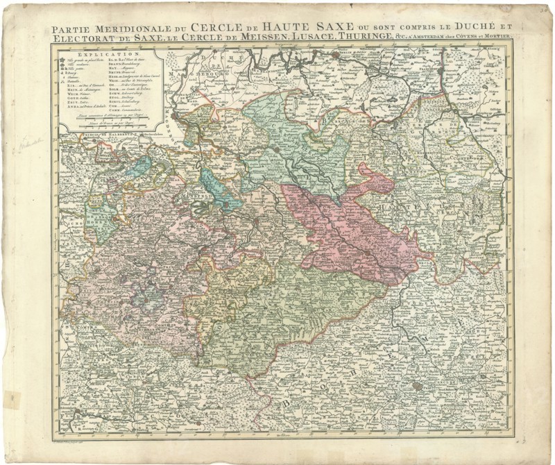 Map, Partie meridionale du cercle de Haute-Saxe ou sont compris le duché et electorat de Saxe, le cercle de Meissen, Lusace, Thuringe &cc., Leonardus Schenk (1732-1800), Copperplate print