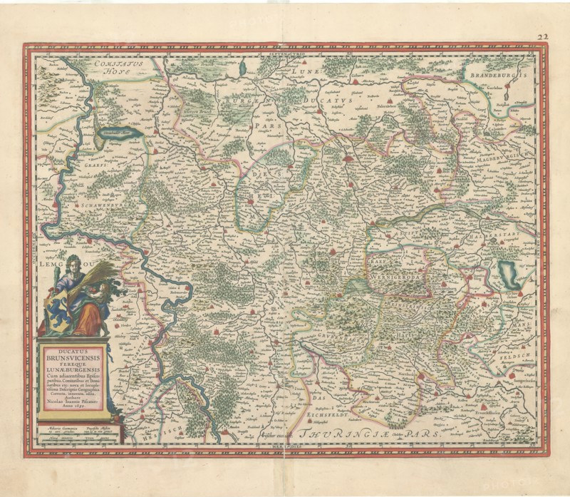 Map, Ducatus Brunsvicensis fereque Lunaeburgensis cum adiacentibus episcopatibus, comitatibus et dominatibus etc: nova et locupletißima descriptio geographica, correcta, innovata, edita, Claes Jansz. Visscher (1586/1587-1652), Copperplate print