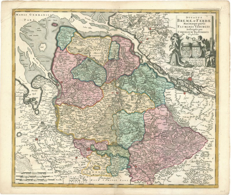 Map, Ducatus Bremae & Ferdae maximaeque partis fluminis Visurgis descriptio per Cornelium Danckerts Amstelodmi, Copperplate print