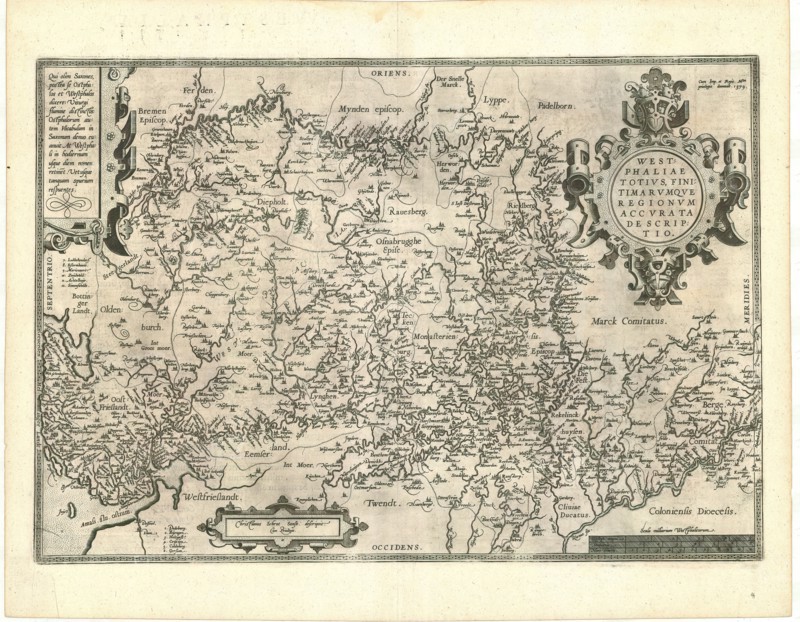 Map, Westphaliae totivs, finitimarvmqve regionvm accvrata descriptio, Christiaen Sgrooten (c. 1532-1608), Copperplate print