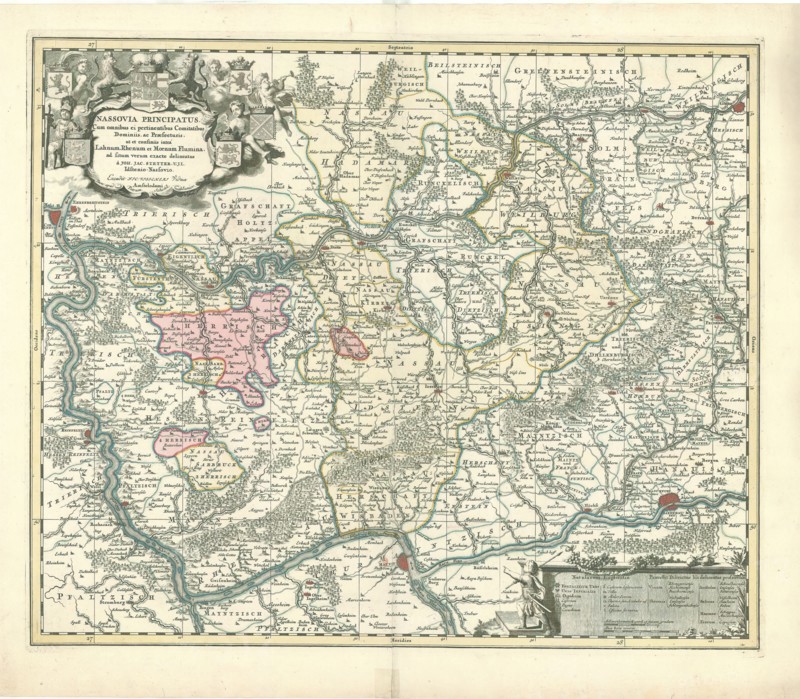 Map, Nassovia principatus, cum omnibus ei pertinentibus comitatibus dominiiis, ac praefecturis, ut et confiniis intrá Lahnum, Rhenum et Moenum flumina, Johannes Jacobus Stetter, Copperplate print