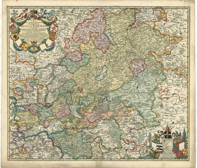 Map, S. R. I. Pars septentrionalior superioris Circuli Rhenani in quo sunt landgraviatus Hasso-Casselensis, Darmstadiensis et Rhenofeldensis, abbatia Fuldensis, principatus Waldeck et Hirschfelt ... urbes imperiales Francofurti, Fridbergae, et Westflariae, Frederick de Wit (1610-1698), Copperplate print