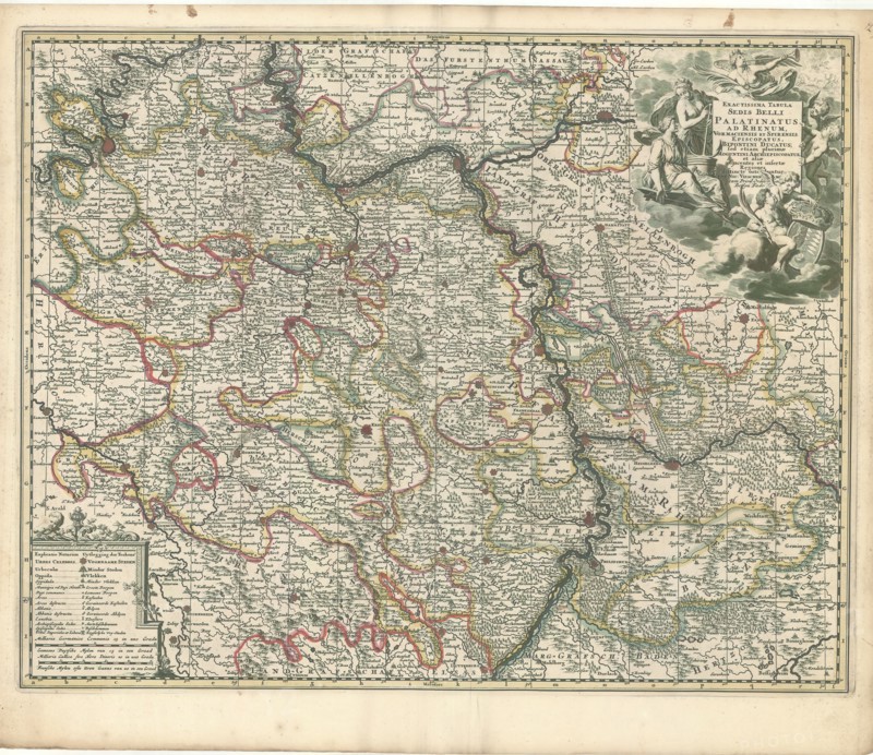 Map, Exactissima tabula sedis belli Palatinatus ad Rhenum, Vormaciensis et Spirensis episcopatus, Bipontini ducatus; sed etiam plurimae Moguntini archiepiscopatus et aliae adjacentes et insertae regiones, Nicolaes Jansz. Visscher (1618-1679), Copperplate print