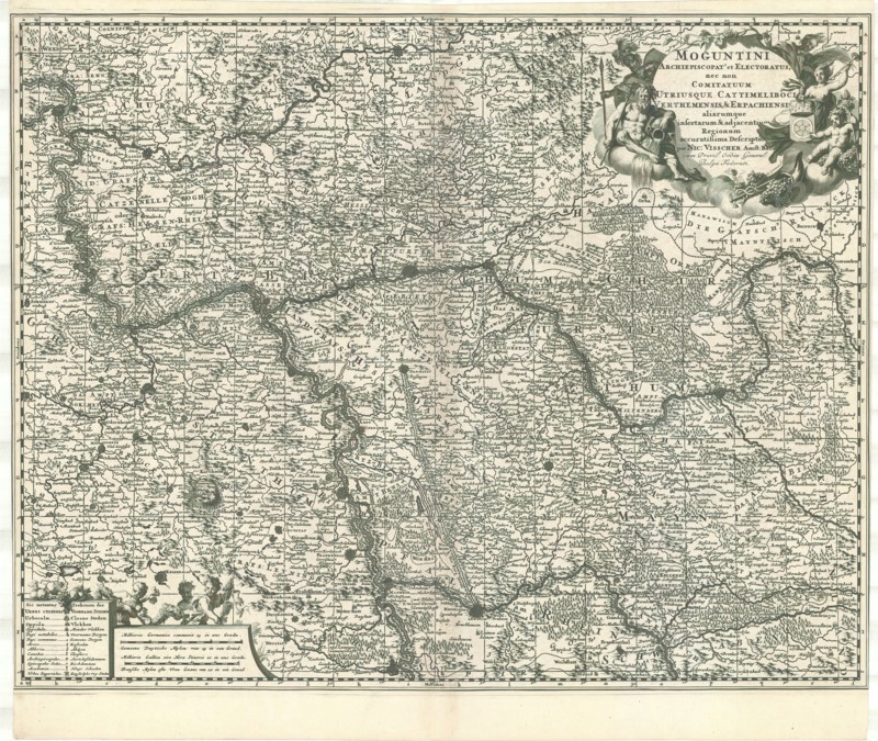 Map, Moguntini archiepiscopat' et electoratus, nec non comitatuum utriusque Cattimeliboci Verthemensis, & Erpachiensis aliarumque insertarum & adjacentium regionum accuratissima descriptio, Nicolaes Jansz. Visscher (1618-1679), Copperplate print