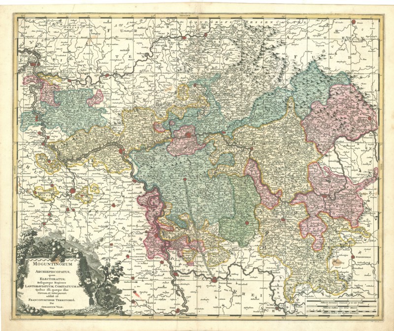 Map, Moguntinorum tam archiepiscopatus, quam electoratus reliquaeque regiones Lantgraviatuum, comitatuum &c. Quibus illi, quaeque illas circum, et interiacent, Gerhard Valk (-1726), Copperplate print