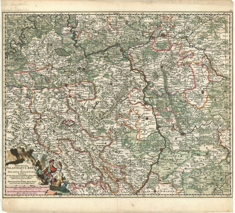 Map, Exactissima Palatinatus Rheni ac Ducatus Bipontini tabula, qua tam omnes eorundem Balliviatus subjacentes, ..., Nicolaes Jansz. Visscher (1618-1679), Copperplate print