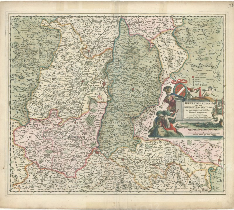 Map, Superioris Alsatiae nec non Brisigaviae et Suntgaviae geographica tabula, Nicolaes Jansz Visscher (1618-1679), Copperplate print