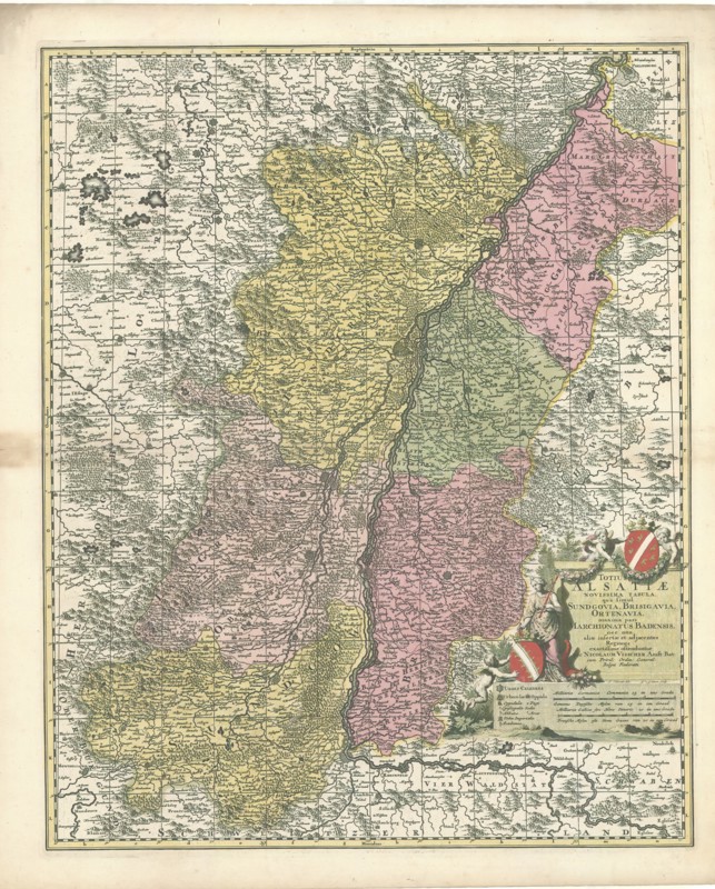 Map, Totius Alsatiae novissima tabula, qua simul Sundgovia, Brisigavia, Ortenavia, maxima pars Marchionatus Badensis, nec non aliae insertae et adiacentes regiones, Nicolaes Jansz. Visscher (1618-1679), Copperplate print
